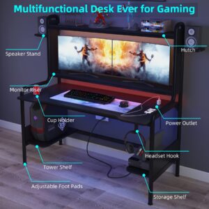 TIYASE Gaming Desk with Monitor Stand & Power Outlet, 55 Inch Gaming Computer Desk with Hutch and Storage Shelves, Large PC Gamer Desk Workstation Gaming Table with Cup Holder, Headphone Hook,Black