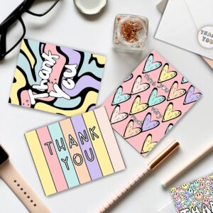 20 Pcs Cute Thank You Cards With Envelopes For Kids, Teens And Adults Colorful Tank You Notes Cards Blank Inside For All Occasions, Girls Birthday, Baby Shower, Party, Small Business, Sweet 16, With Stickers and Envelopes, 4.25x5.5