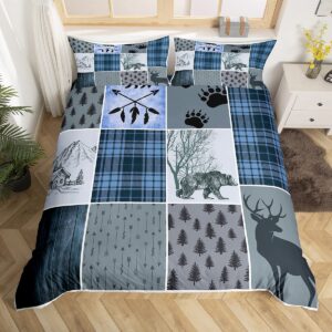 rustic farmhouse comforter cover queen, retro cabin lodge duvet cover country bear deer bedding set for kids teens adult men, hunting wild animal plaid checkered quilt cover with 2 pillow cases,blue