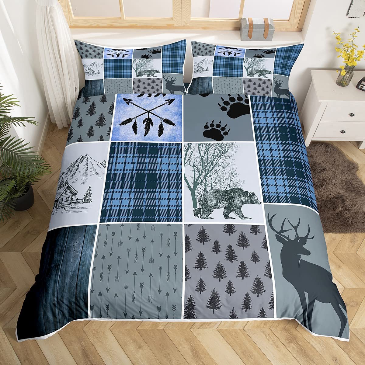 Rustic Farmhouse Comforter Cover Queen, Retro Cabin Lodge Duvet Cover Country Bear Deer Bedding Set For Kids Teens Adult Men, Hunting Wild Animal Plaid Checkered Quilt Cover With 2 Pillow Cases,Blue