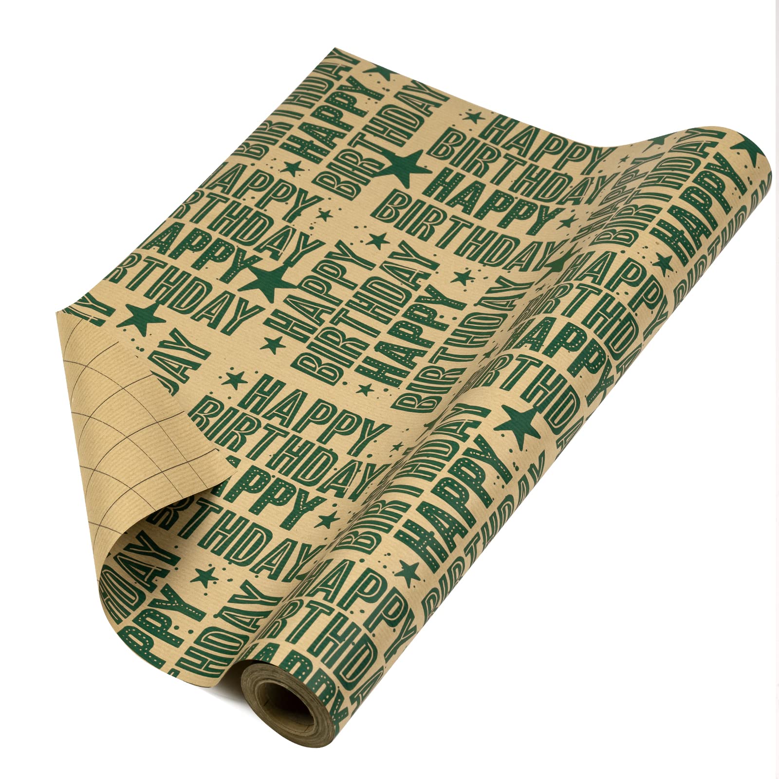 RUSPEPA Kraft Wrapping Paper Roll - Mini Roll - Green Happy Birthday Pattern Great for Birthday, Party, Baby Shower - 17.5 Inches X 32.8 Feet