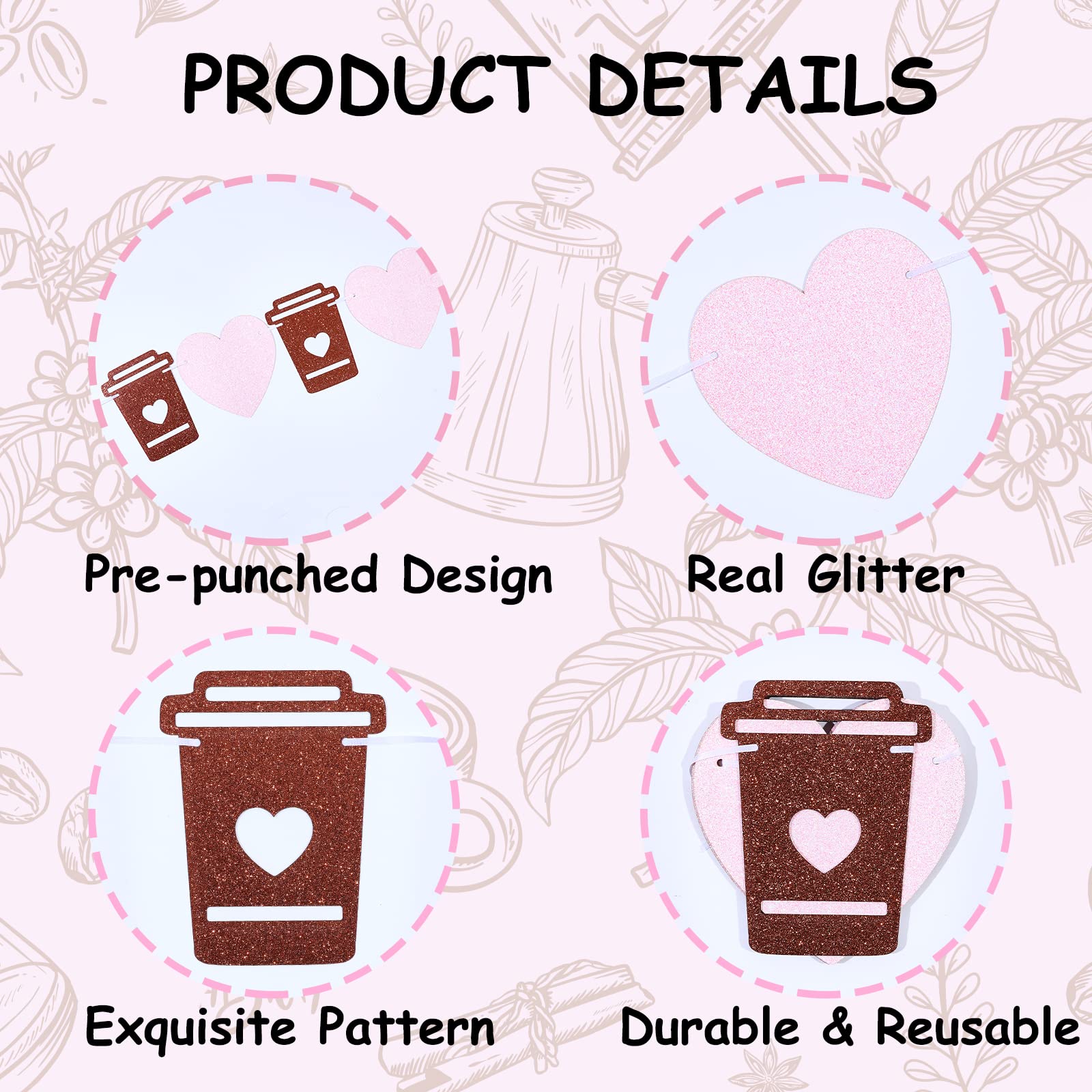 Coffee Bar Banner Pink, Glitter Coffee Cup and Heart Garland, Latte Banner for Birthday Bachelorette Engagement Wedding Baby Shower Party, Coffee Bar Wall Table Decorations