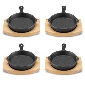 Navaris Mini Cast Iron Skillet with Wooden Base (Set of 4) - Cast Iron Frying Pan Mini Skillet with Protective Wood Base - Heavy Duty Metal Skillet Weighing 426g