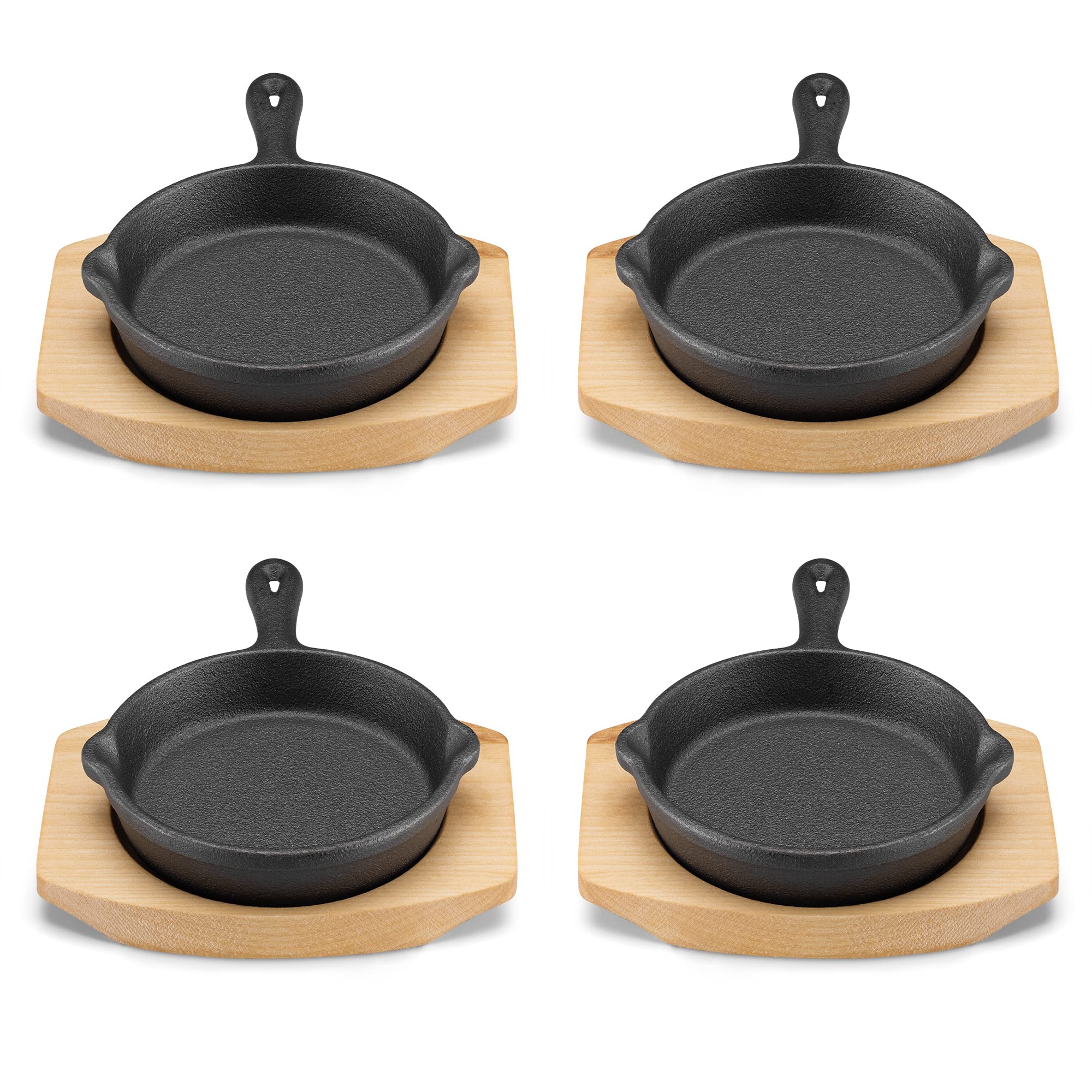 Navaris Mini Cast Iron Skillet with Wooden Base (Set of 4) - Cast Iron Frying Pan Mini Skillet with Protective Wood Base - Heavy Duty Metal Skillet Weighing 426g