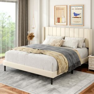 Gruwans Queen Size Bed Frame with Upholstered Wingback Headboard, Easy Assemnly Platform Bed, Wooden Slat Support No Box Spring Needed, Cream