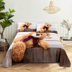 LTAETHC Duvet Cover Full Size, White Teddy Bear Cute Toy Bear 3D Print Duvet Cover Set, Luxury Soft 3 Pieces Bedding Set Breathable with 2 Pillow Shams for Hotel Bedroom Decor (No Comforter)