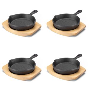 navaris mini cast iron skillet with wooden base (set of 4) - cast iron frying pan mini skillet with protective wood base - heavy duty metal skillet weighing 426g