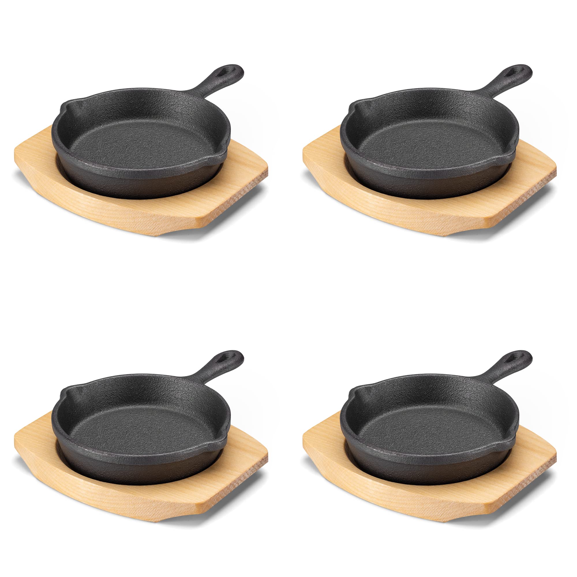 Navaris Mini Cast Iron Skillet with Wooden Base (Set of 4) - Cast Iron Frying Pan Mini Skillet with Protective Wood Base - Heavy Duty Metal Skillet Weighing 426g