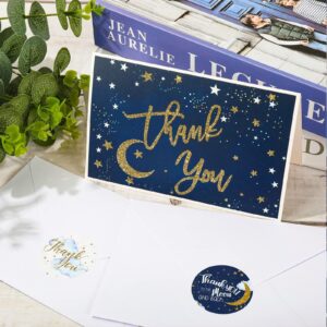 AnyDesign 36 Pack Stars Thank You Greeting Cards with Envelopes Matching Seal Stickers Blue Starry Delight Blank Note Cards Twinkle Moon Event Stationery for Baby Shower Birthday Supplies