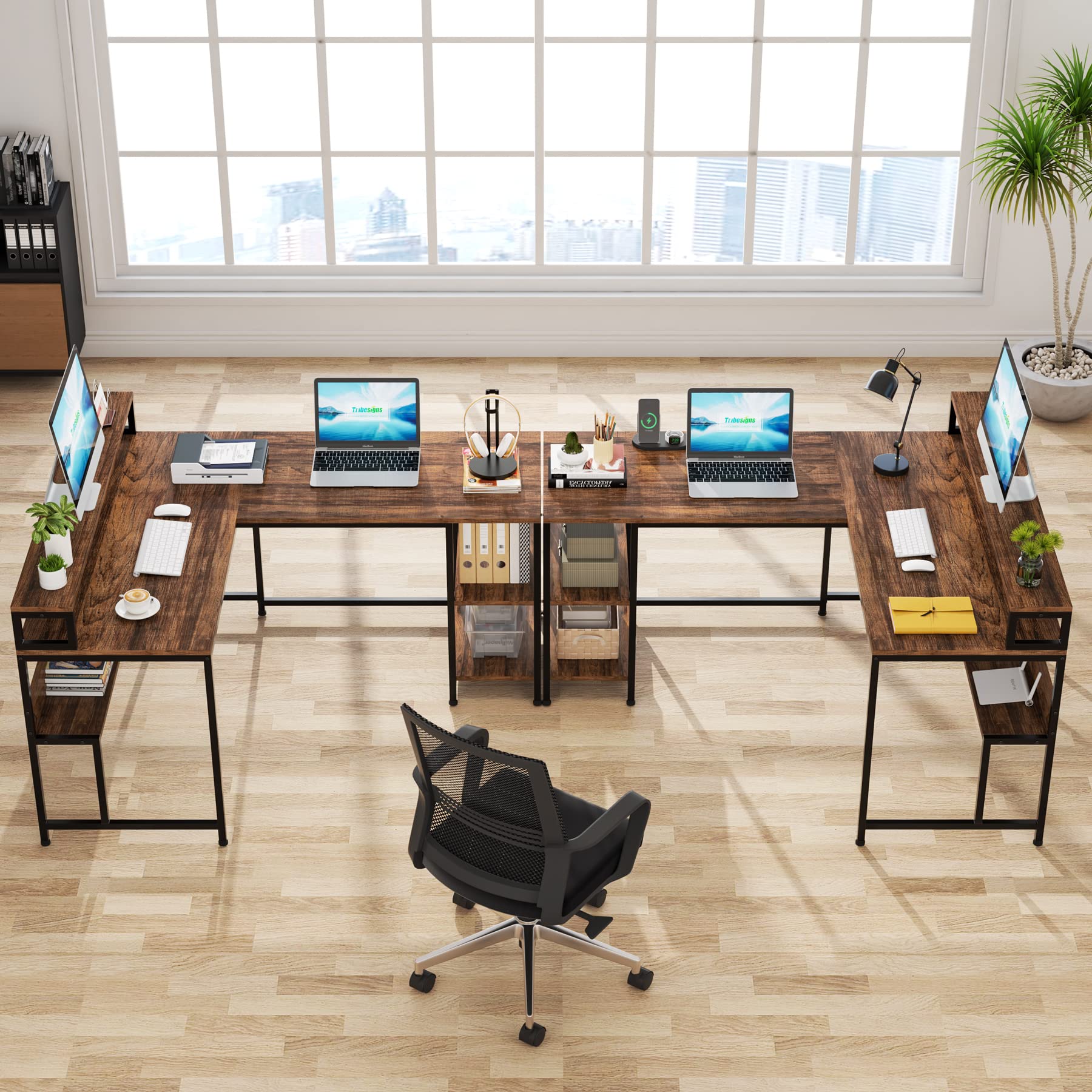 Tribesigns Reversible L Shaped Desk, L Shape Computer Table with Monitor Stand and Storage Shelves, Industrial Corner Desk with Printer Space, Work Desk for Home Office, Small Spaces