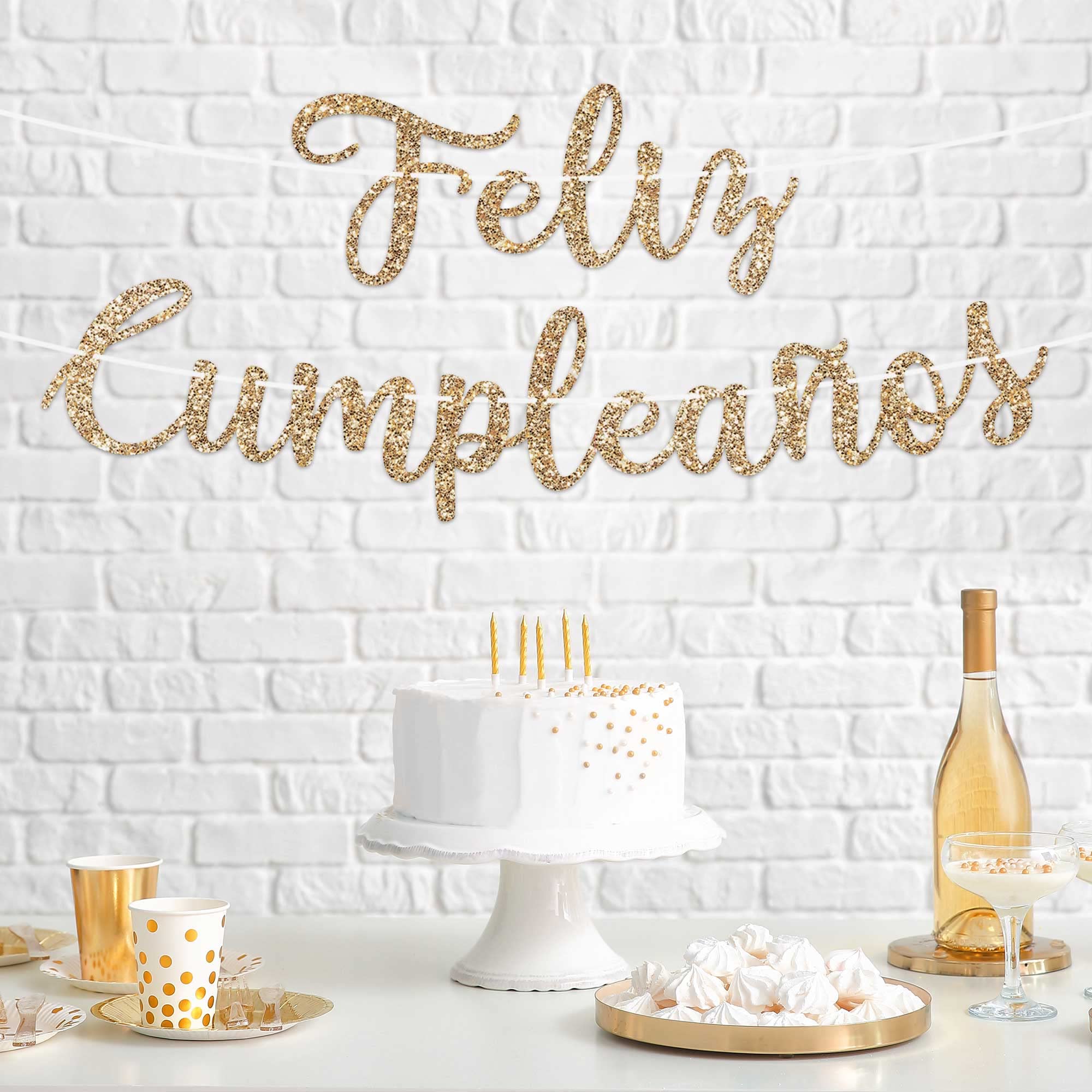 Pre-Strung Feliz Cumpleaños Banner,NO DIY,Gold Glitter Spanish Happy Birthday Party Banner,Pre-Strung Script Garland on 6 ft Strands,Gold Birthday Party Decorations & Decor. Did we mention no DIY?