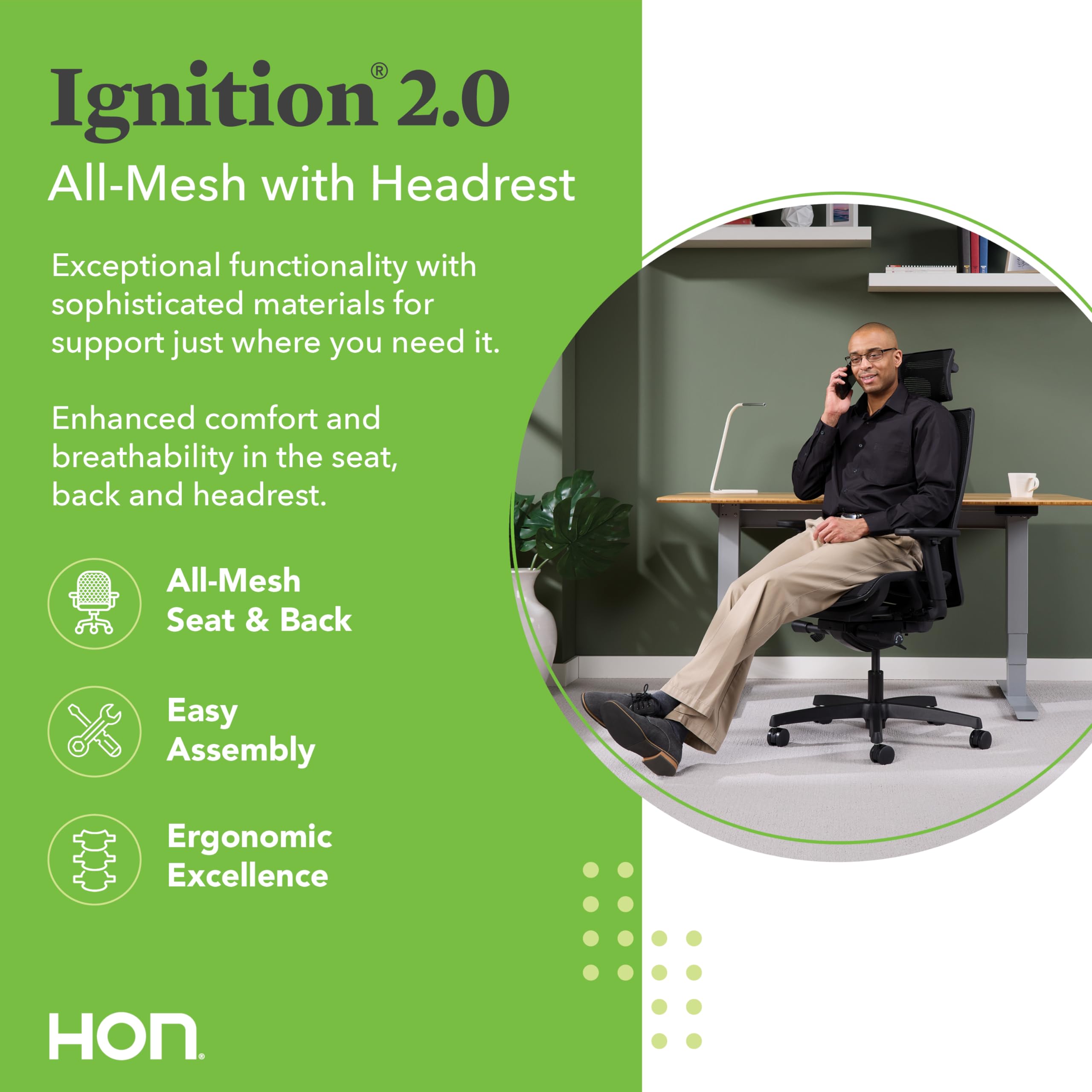 HON Ignition 2.0 Ergonomic Office Chair with Headrest - High Back Mesh Office Chair, Adjustable Lumbar Support, Armrests, Synchro-Tilt Recline - Home Office Desk Chair Comfortable for Long Hours