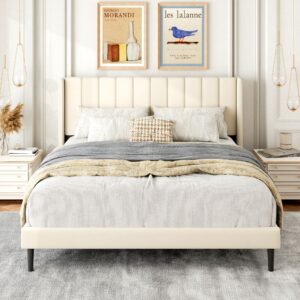 gruwans queen size bed frame with upholstered wingback headboard, easy assemnly platform bed, wooden slat support no box spring needed, cream