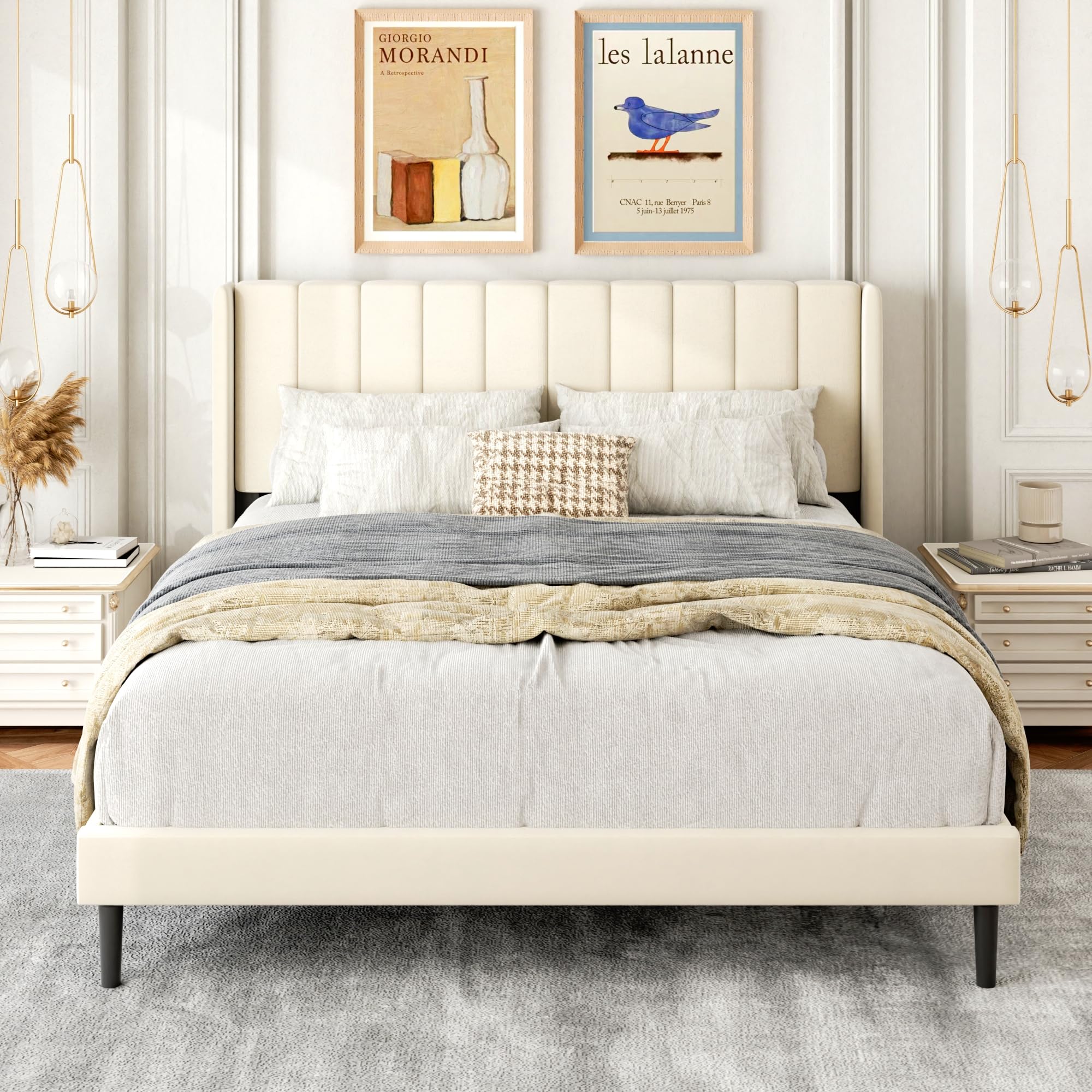 Gruwans Queen Size Bed Frame with Upholstered Wingback Headboard, Easy Assemnly Platform Bed, Wooden Slat Support No Box Spring Needed, Cream