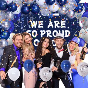 Pongime Graduation Party Decorations 2024, We Are So Proud Of You Decorations for Men Women, Navy Blue Silver Graduation Decorations Congrats Class of 2024 Banner Grad Party Supplies Balloons Arch Kit