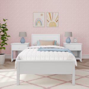 Max & Lily Twin Bed, Solid Wood Twin Bed Frame with Panel Headboard, Kids Twin Bed with Wood Slat Support, No Box Spring Needed, White