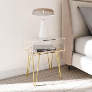 HMYHUM Small Acrylic Nightstand with Metal Legs, 15.6'' L x 11.6'' W x 19.5'' H, Bedside Table for Small Spaces for Bedroom, Easy Assembly, Modern, Clear & Gold