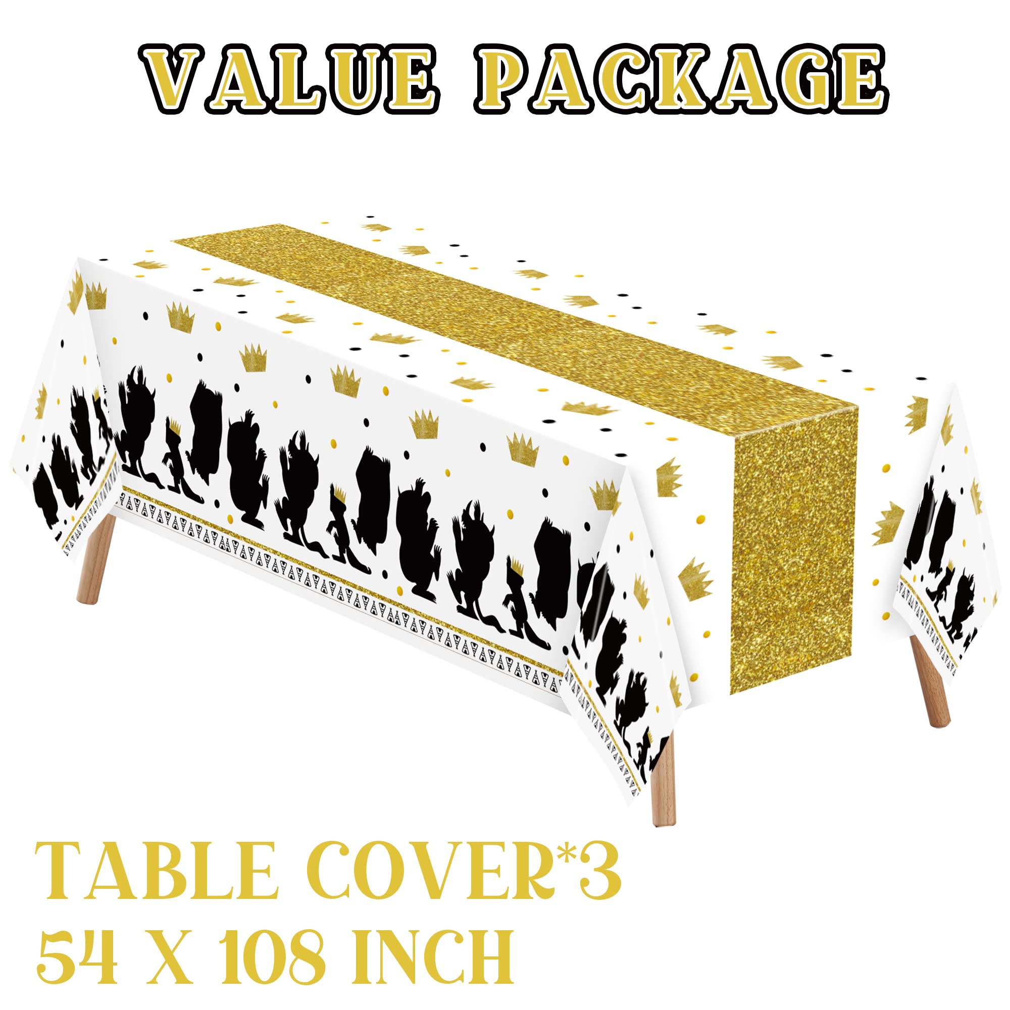 Unbess 3Pcs Wild One Tablecloths for 1st Birthday Party Decorations Baby Shower Plastic Disposable Rectangle Jungle Safari Animal Gold Black Table Covers Rectangle Woodland Supplies, 54 x 108 Inch