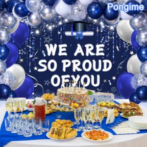 Pongime Graduation Party Decorations 2024, We Are So Proud Of You Decorations for Men Women, Navy Blue Silver Graduation Decorations Congrats Class of 2024 Banner Grad Party Supplies Balloons Arch Kit