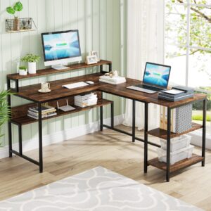 tribesigns reversible l shaped desk, l shape computer table with monitor stand and storage shelves, industrial corner desk with printer space, work desk for home office, small spaces