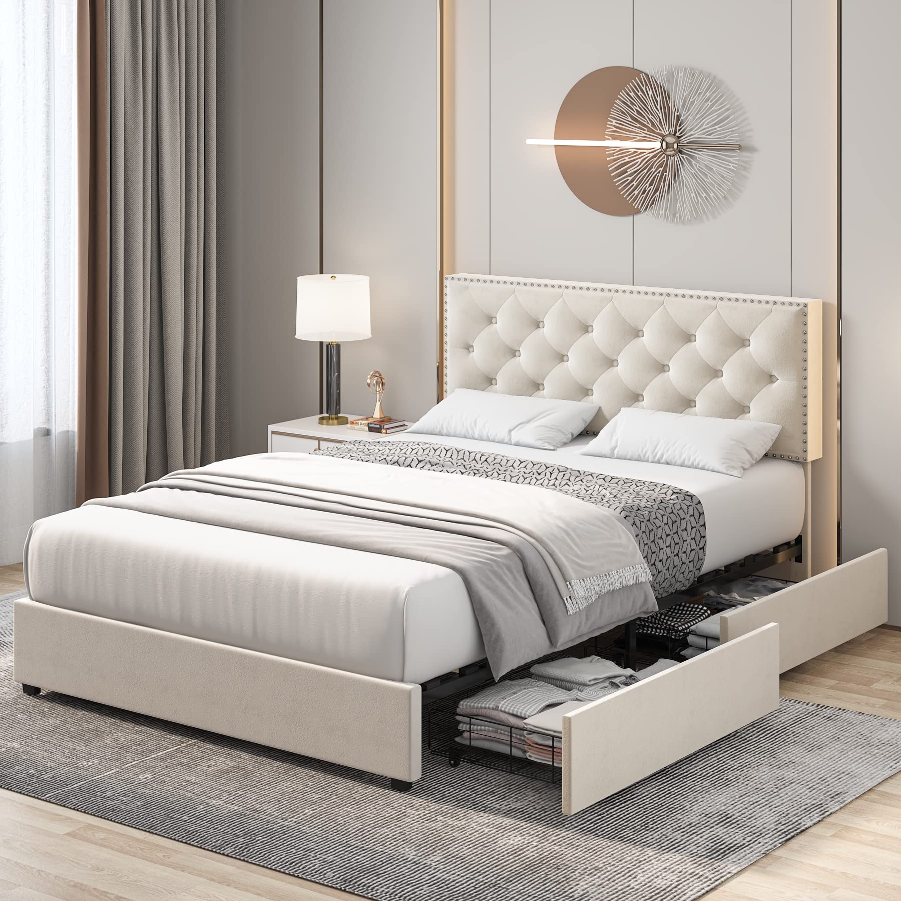 HOSTACK Queen Size Bed Frame with 4 Storage Drawers, Modern Upholstered Platform Bed with Adjustable Headboard,Button Tufted Bed Frame with Wood Slat Support,No Box Spring Needed(Beige)