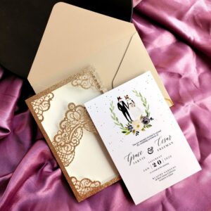 20sets 5.1x7.3 inch blank rose gold laser cut floral crown pocket quinceanera invitation cards with envelopes for birthday bridal shower quince invite party dinner (champagne)