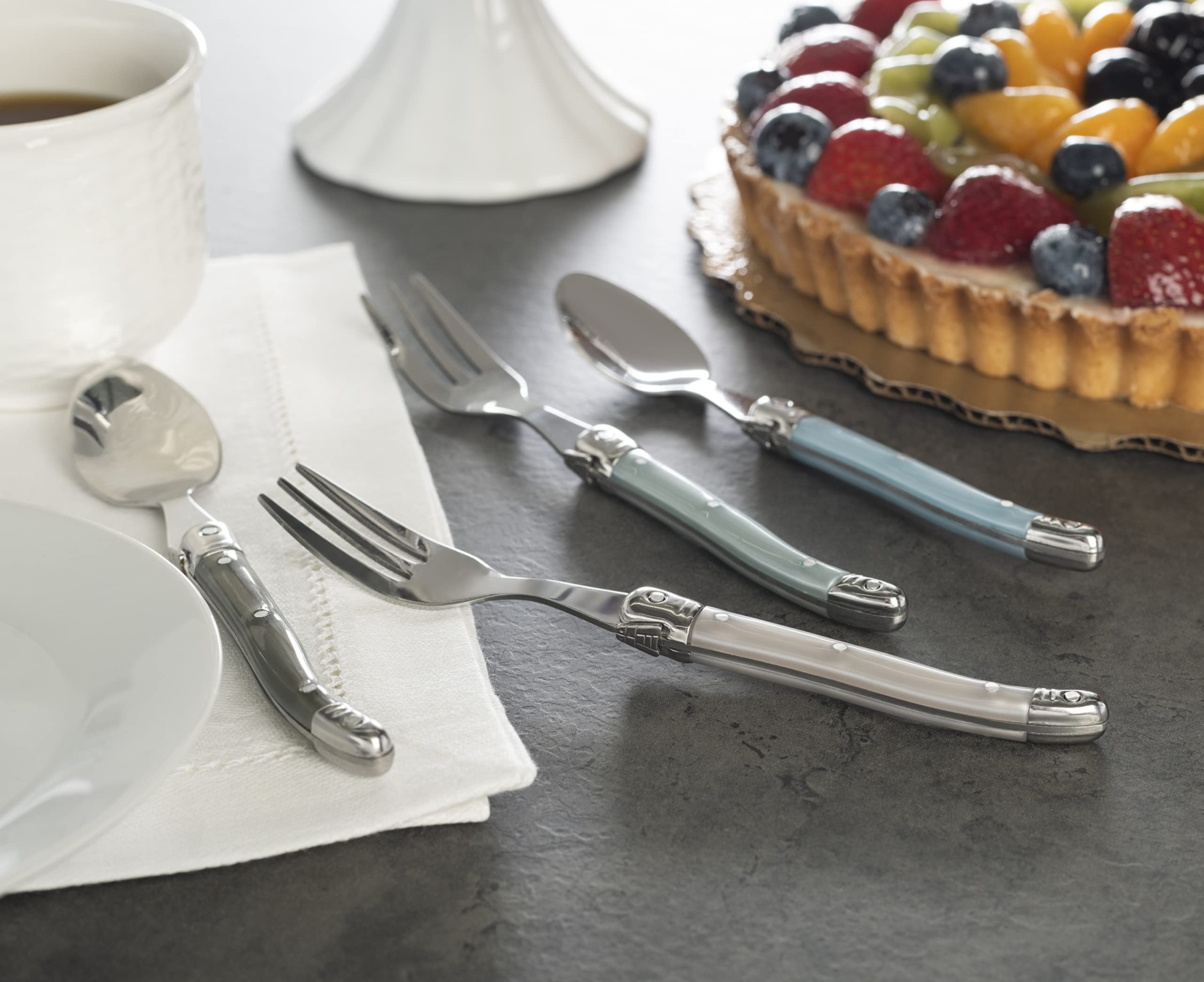 Laguiole 8 Piece Dessert & Cocktail Set – Dessert Utensils Set w/Mother of the Pearl Handles – 4 Dessert Forks (6.75") & 4 Small Dessert Spoons (6")