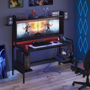 TIYASE Gaming Desk with Monitor Stand & Power Outlet, 55 Inch Gaming Computer Desk with Hutch and Storage Shelves, Large PC Gamer Desk Workstation Gaming Table with Cup Holder, Headphone Hook,Black