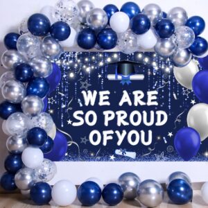 pongime graduation party decorations 2024, we are so proud of you decorations for men women, navy blue silver graduation decorations congrats class of 2024 banner grad party supplies balloons arch kit