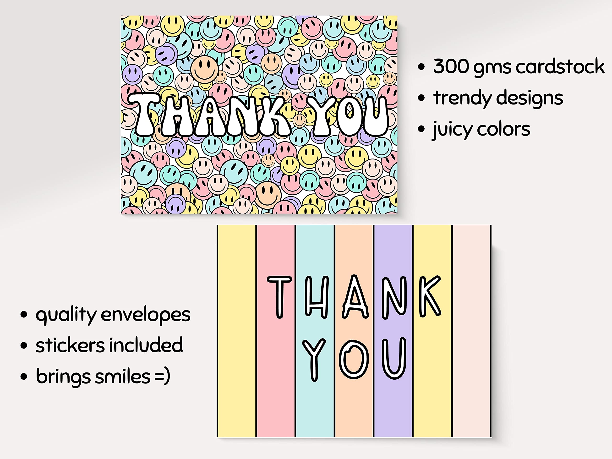 20 Pcs Cute Thank You Cards With Envelopes For Kids, Teens And Adults Colorful Tank You Notes Cards Blank Inside For All Occasions, Girls Birthday, Baby Shower, Party, Small Business, Sweet 16, With Stickers and Envelopes, 4.25x5.5