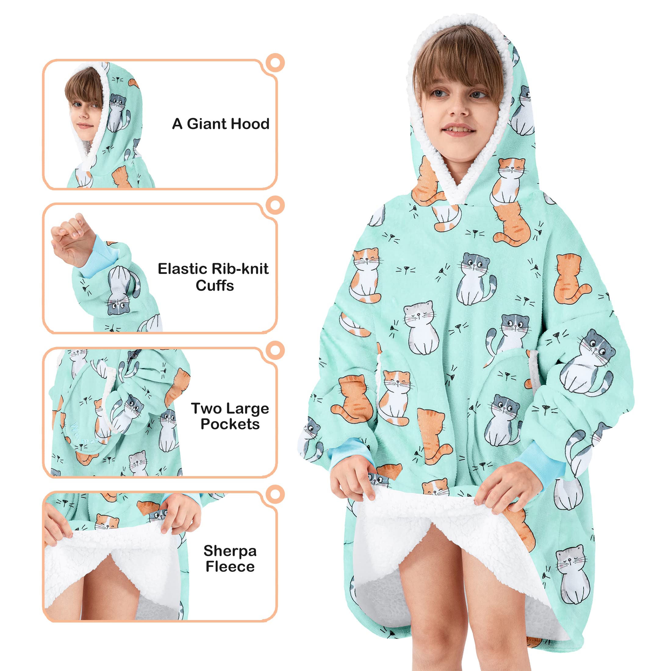 American Trends Blanket Hoodie for Girls Wearable Blanket for Kids Oversized Hoodie Sherpa Hooded Sweatshirt Kitty