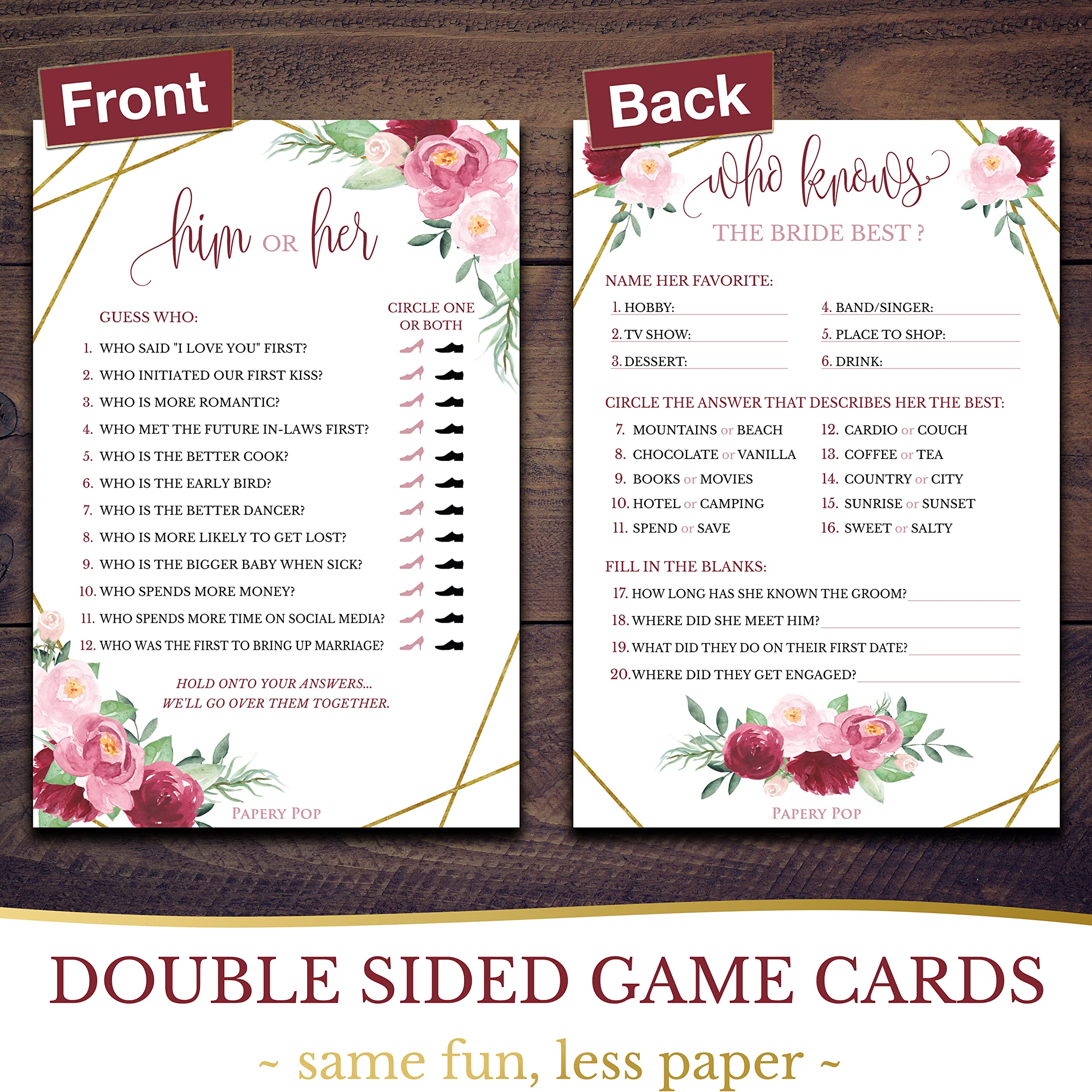 Papery Pop Bridal Shower Games - 5 Activities for 50 Guests - Double Sided Games - Rose Gold