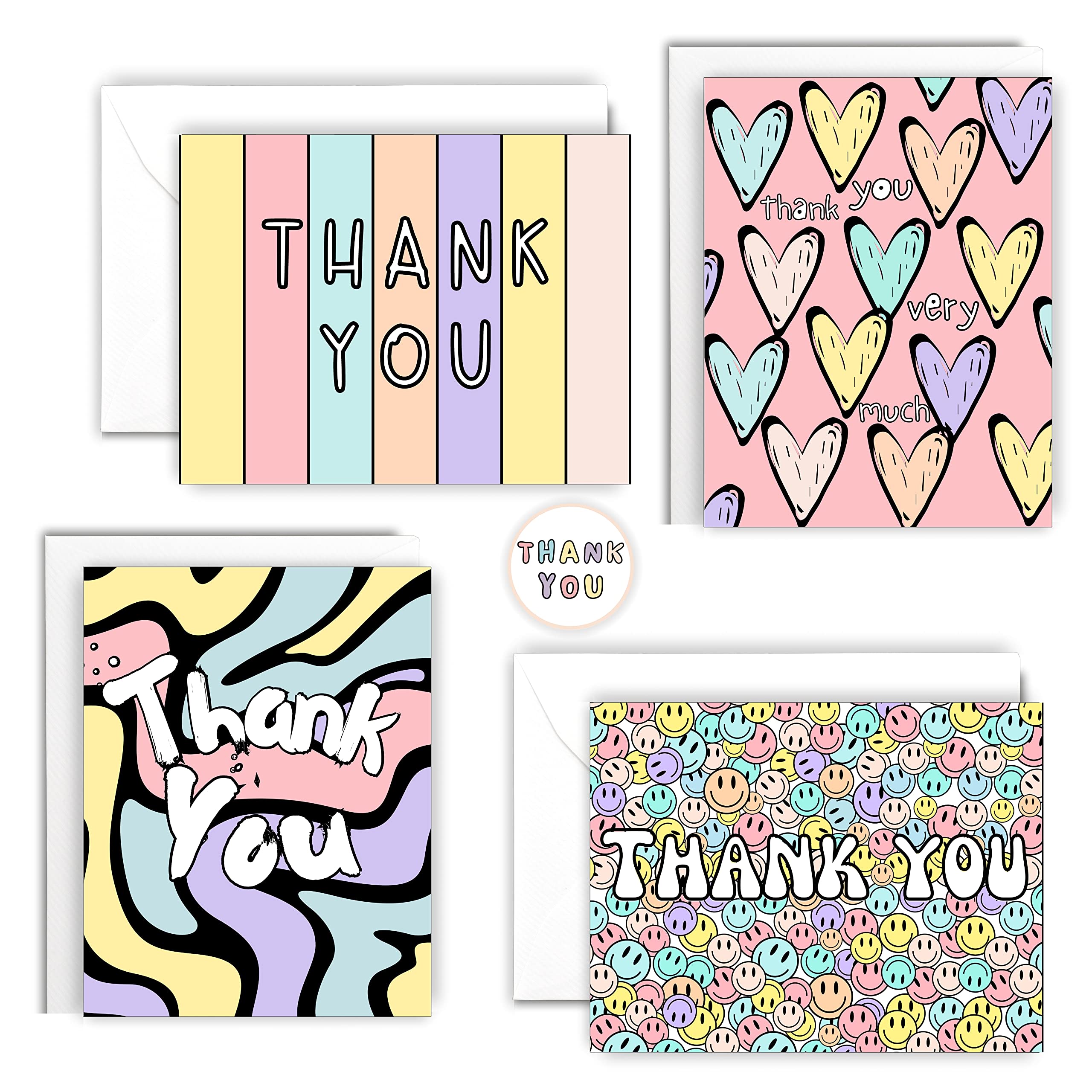 20 Pcs Cute Thank You Cards With Envelopes For Kids, Teens And Adults Colorful Tank You Notes Cards Blank Inside For All Occasions, Girls Birthday, Baby Shower, Party, Small Business, Sweet 16, With Stickers and Envelopes, 4.25x5.5