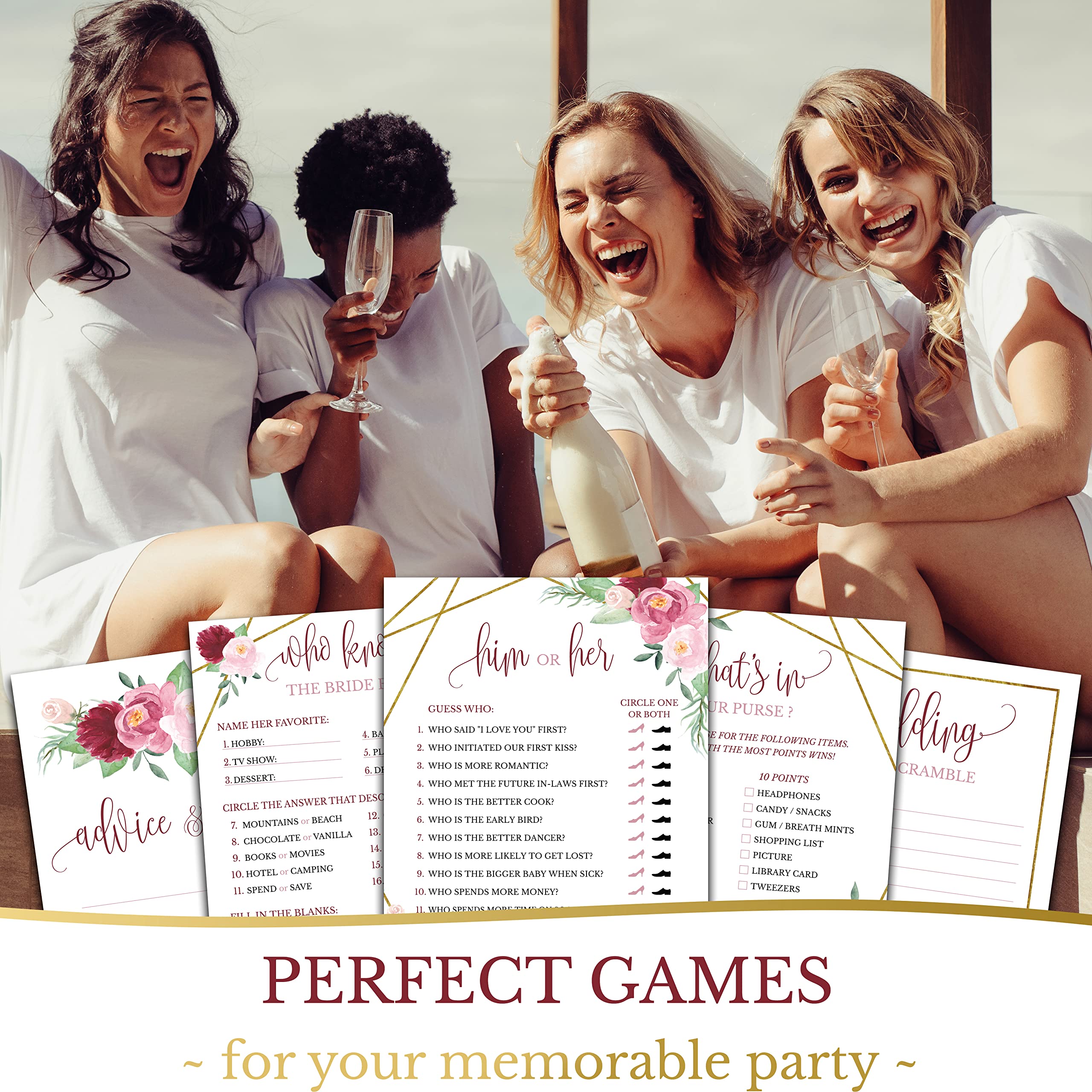 Papery Pop Bridal Shower Games - 5 Activities for 50 Guests - Double Sided Games - Rose Gold