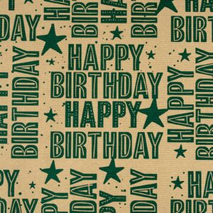 RUSPEPA Kraft Wrapping Paper Roll - Mini Roll - Green Happy Birthday Pattern Great for Birthday, Party, Baby Shower - 17.5 Inches X 32.8 Feet