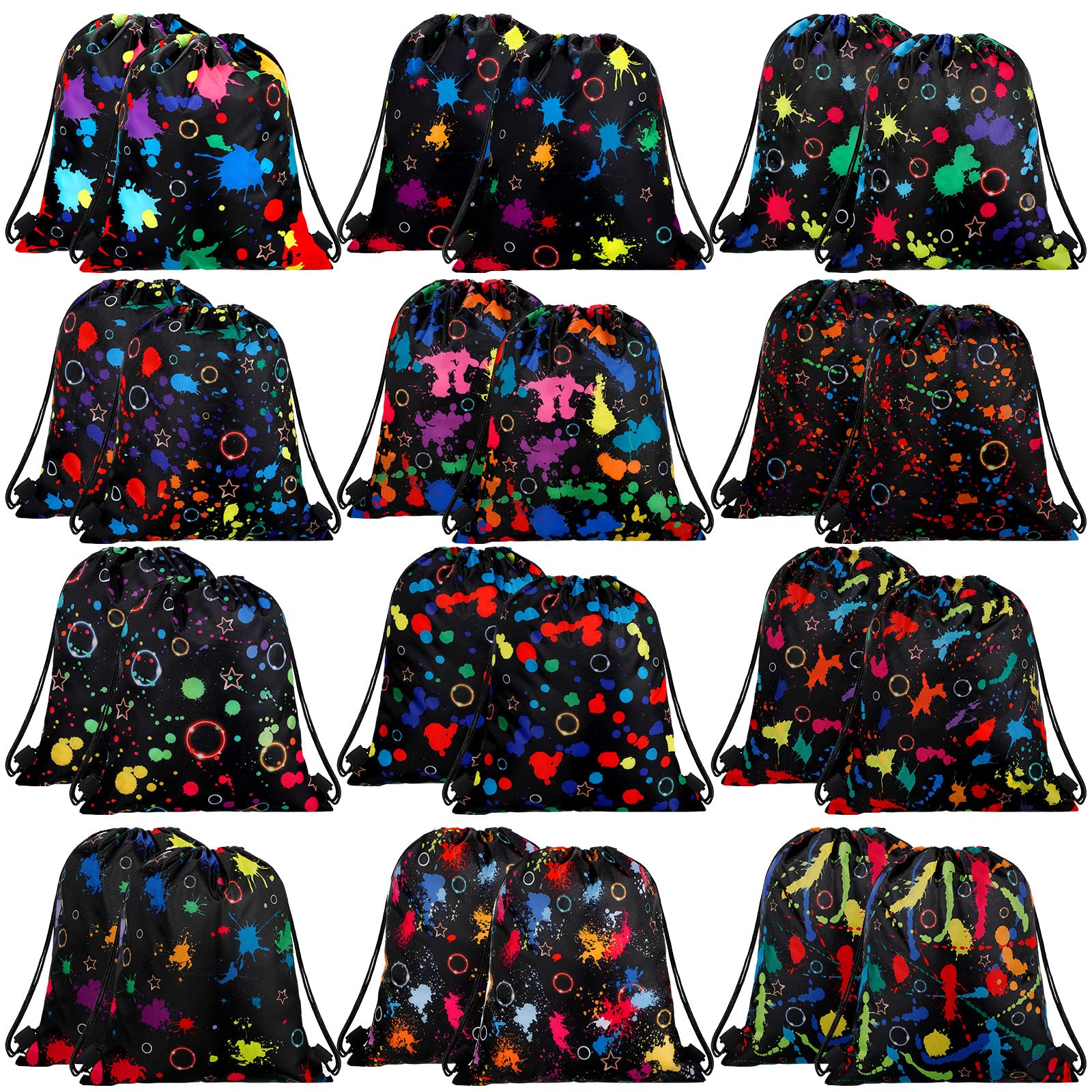 24 Pieces Glow Party Drawstring Bags Kids Neon Birthday Party Gift Bag Backpack Candy Goodie Favor Bags for Glow in Dark Party Decoration Supplies