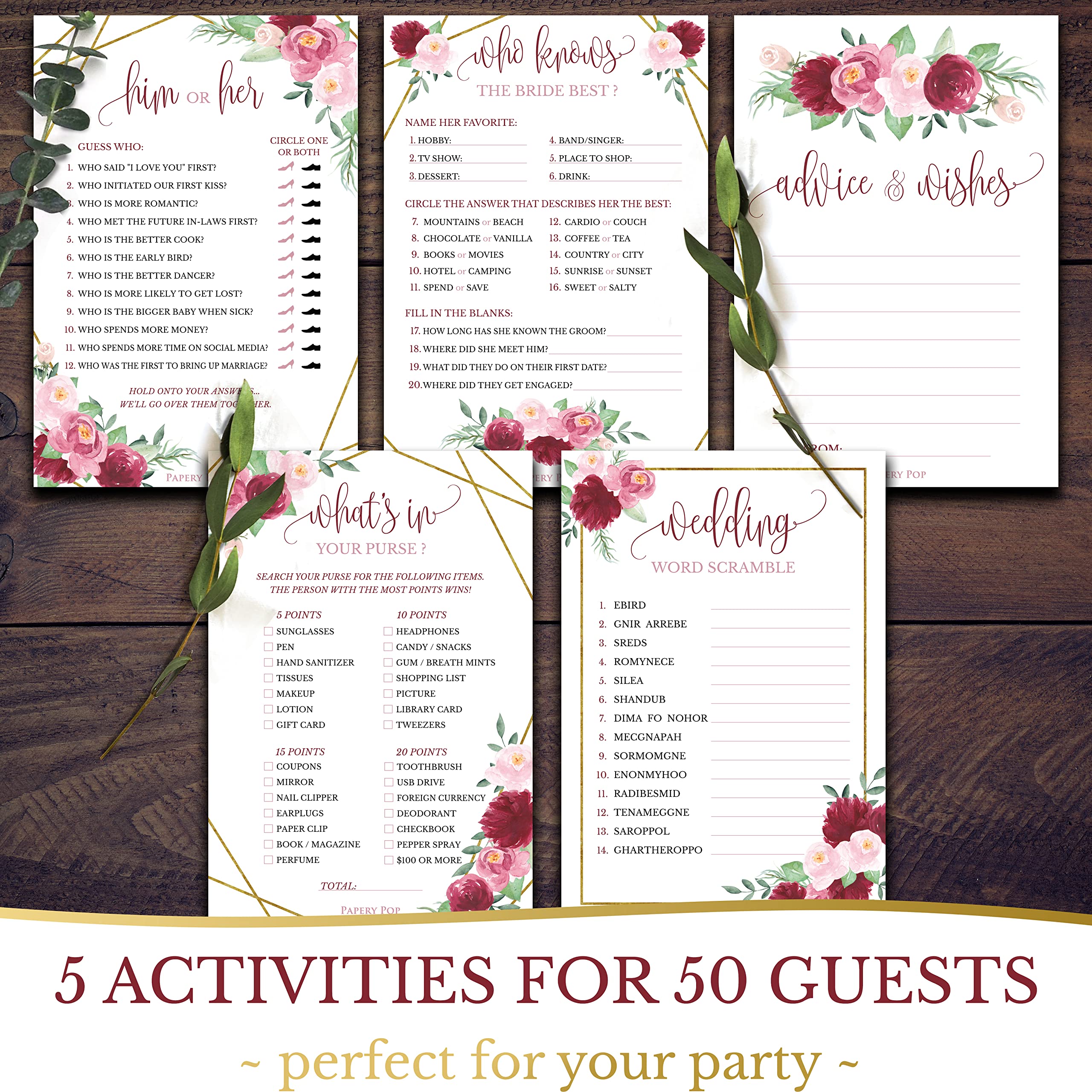 Papery Pop Bridal Shower Games - 5 Activities for 50 Guests - Double Sided Games - Rose Gold