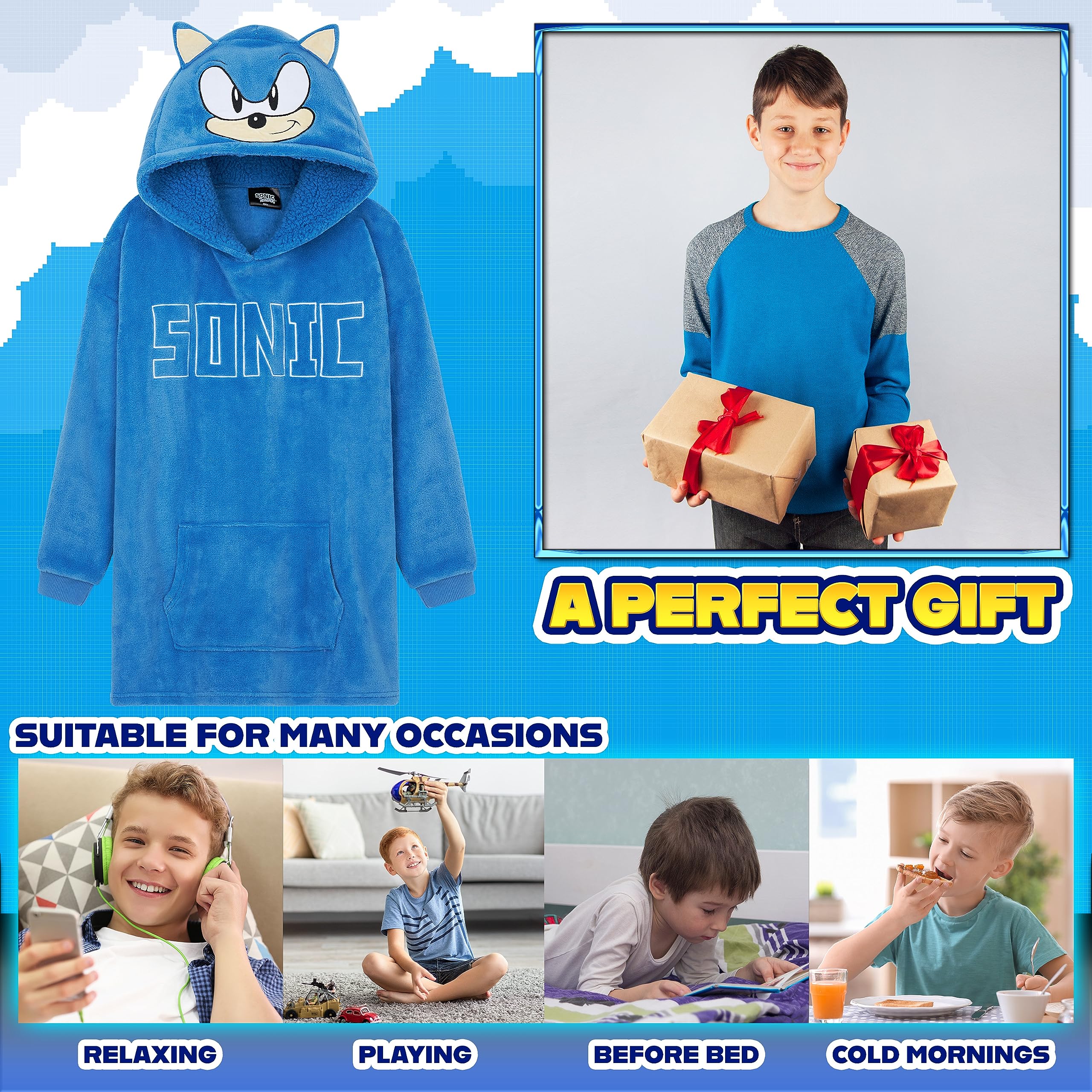 Sonic The Hedgehog Fleece Hoodie Blanket for Boys and Teenagers Oversized Fleece Poncho One Size Gaming Gifts for Boys (Blue 3D)