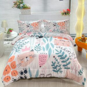 CVHOUSE Cat Bedding,Cartoon Cat Comforter Full,Animals Print Comforter Set for Kids,Kawaii Quilt Set with 1 Comforter and 2 Pillow Cases