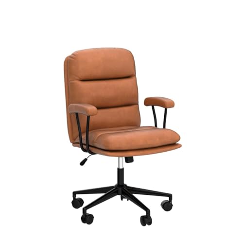 DICTAC Brown Leather Office Chair,Mid Century Home Desk Chair with Padded Mid-Back Support Removable Armrests Height Adjustable