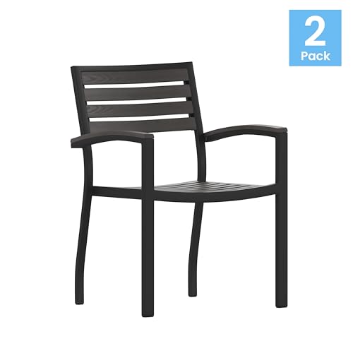 Flash Furniture Lark Set of 2 Stackable Aluminum Patio Chairs - All-Weather Black Framed Side Chairs with Gray Wash Faux Teak Slats - Commercial Grade