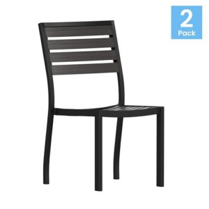 Flash Furniture Lark Outdoor Stackable Side Chair with Gray Wash Faux Teak Poly Slats, Set of 2