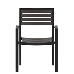 Flash Furniture Lark Set of 2 Stackable Aluminum Patio Chairs - All-Weather Black Framed Side Chairs with Gray Wash Faux Teak Slats - Commercial Grade