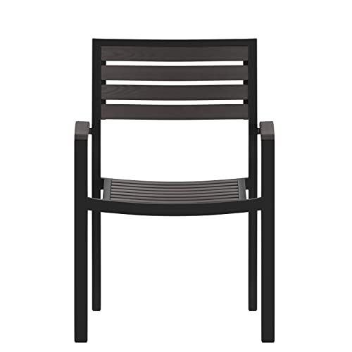 Flash Furniture Lark Set of 2 Stackable Aluminum Patio Chairs - All-Weather Black Framed Side Chairs with Gray Wash Faux Teak Slats - Commercial Grade