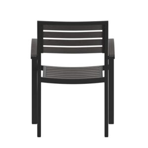 Flash Furniture Lark Set of 2 Stackable Aluminum Patio Chairs - All-Weather Black Framed Side Chairs with Gray Wash Faux Teak Slats - Commercial Grade