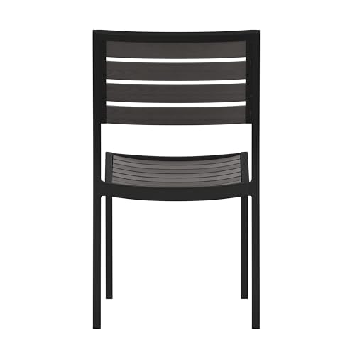 Flash Furniture Lark Outdoor Stackable Side Chair with Gray Wash Faux Teak Poly Slats, Set of 2