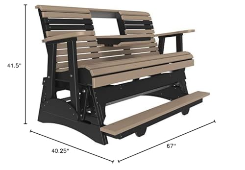 LuxCraft 5' Plain Poly Rollback Balcony Glider with Flip Down Center Console and Built-in Footrest, Seats Up to 3 (Weatherwood & Black)