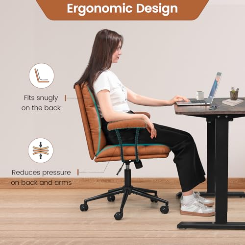 DICTAC Brown Leather Office Chair,Mid Century Home Desk Chair with Padded Mid-Back Support Removable Armrests Height Adjustable