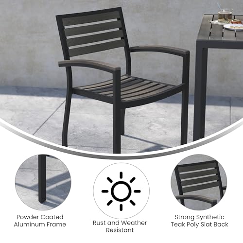 Flash Furniture Lark Set of 2 Stackable Aluminum Patio Chairs - All-Weather Black Framed Side Chairs with Gray Wash Faux Teak Slats - Commercial Grade