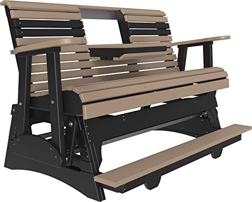 LuxCraft 5' Plain Poly Rollback Balcony Glider with Flip Down Center Console and Built-in Footrest, Seats Up to 3 (Weatherwood & Black)